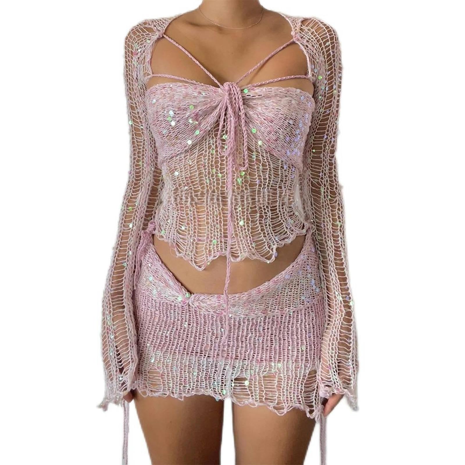Vêtements européens et américains 2023 Nouveau Pull tricoté à Paillettes Costume Trois pièces-Rose-M