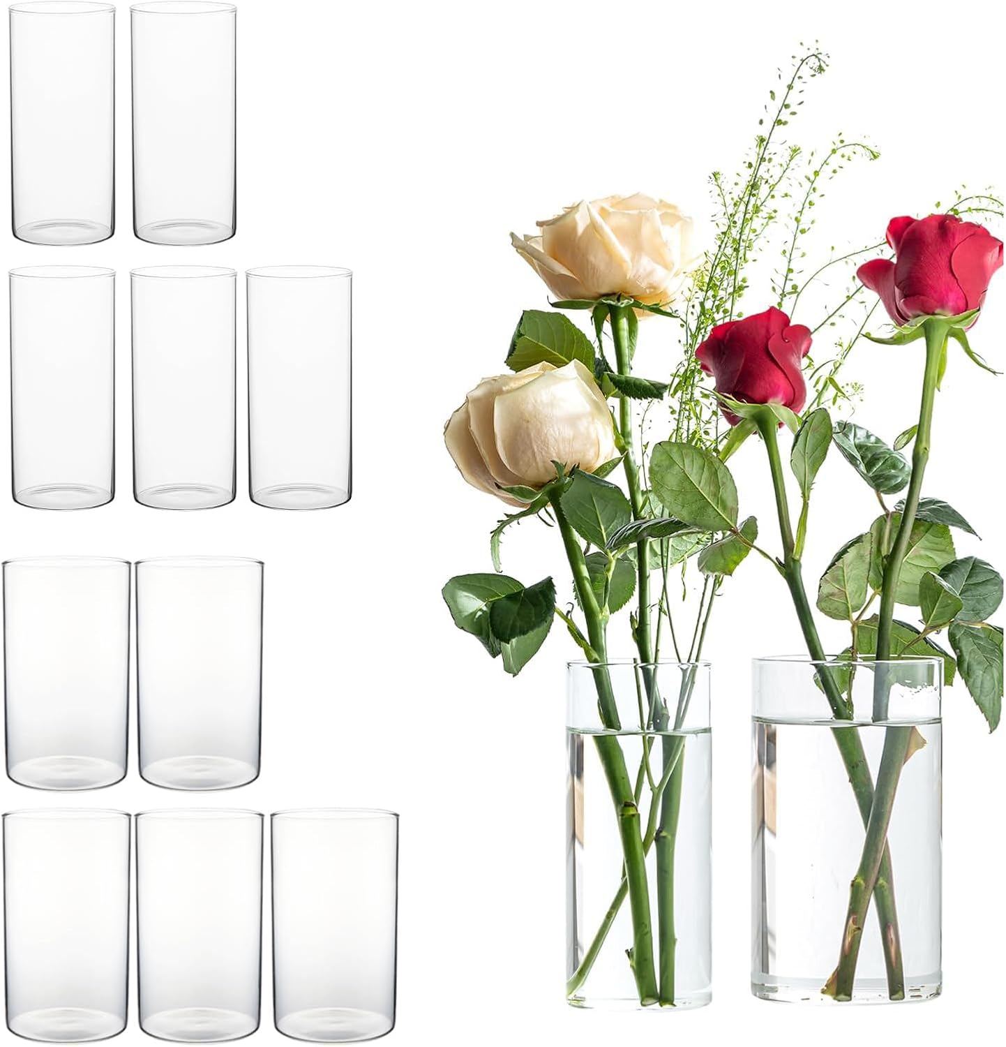 Glass Cylinder Vase -Set of 12(6 Large and 6 Small) Tall 5.9inch Clear Vases for Weddings, Centerpieces, Floating Candles - Perfect for Table Decor, Parties, Home & Events (12)