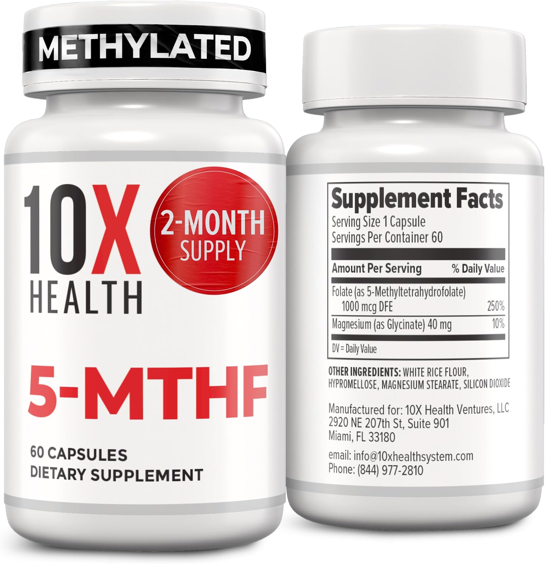10X Health 5-MTHF Methylfolate - Methylated Folate & Magnesium for Brain, Heart Health, DNA & Neurotransmitter Synthesis - Bioavailable Methyl Folate Supplement - Methylfolate Supplement 60 Capsules