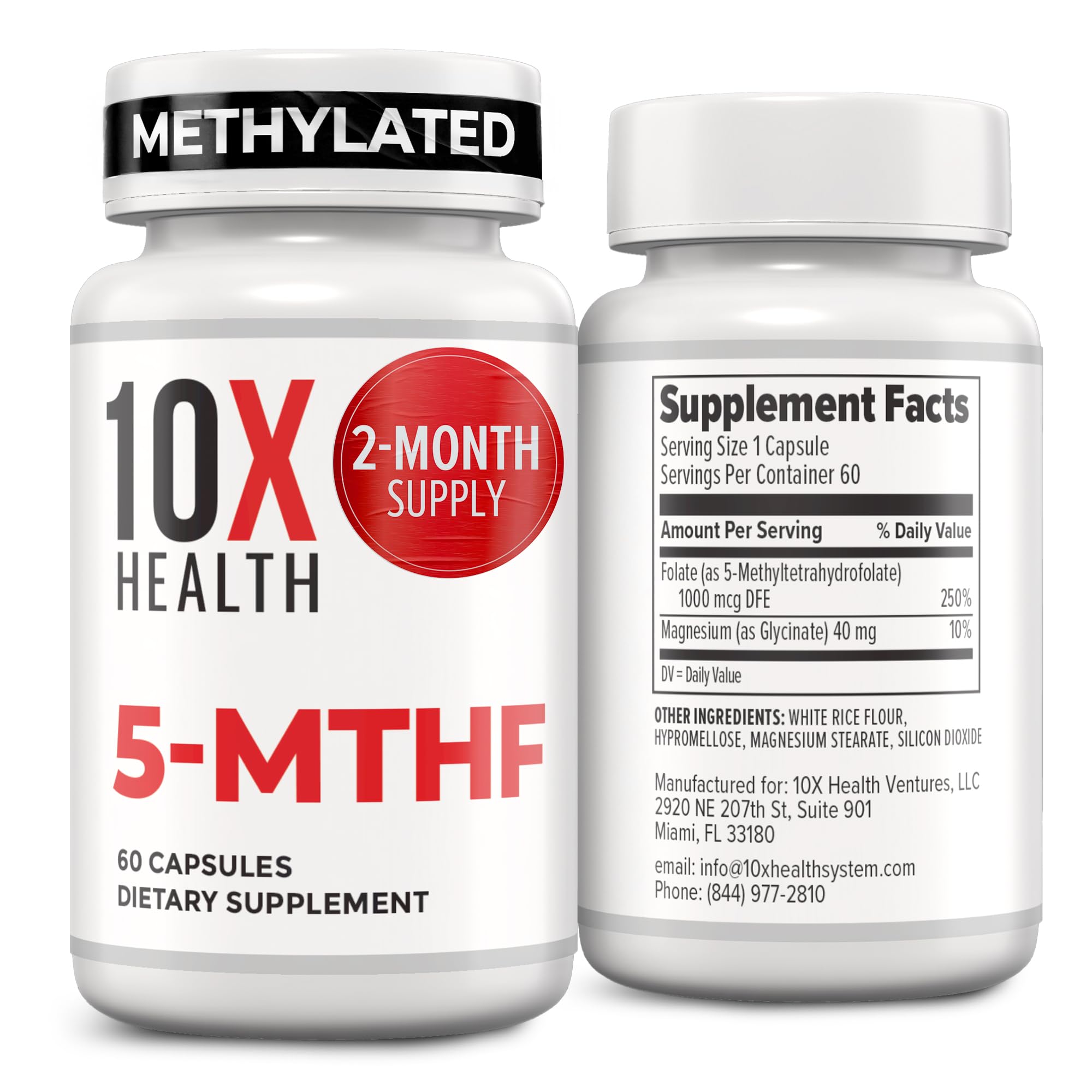 10X Health 5-MTHF Methylfolate - Methylated Folate & Magnesium for Brain, Heart Health, DNA & Neurotransmitter Synthesis - Bioavailable Methyl Folate Supplement - Methylfolate Supplement 60 Capsules