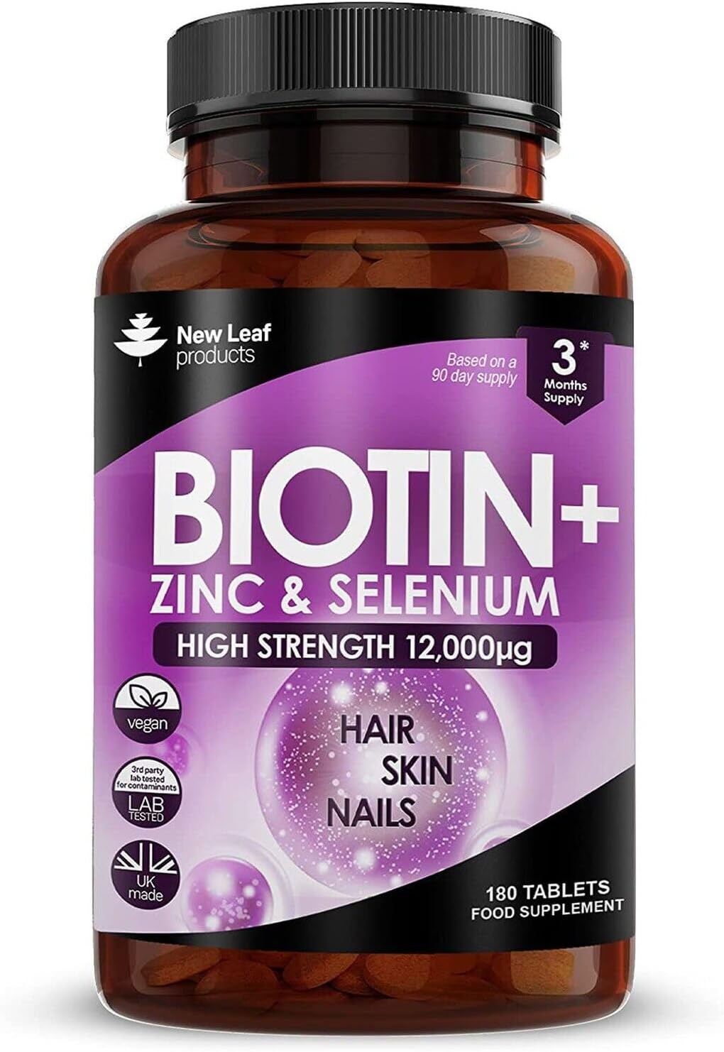 Biotin Hair Growth Vitamins 12000mcg High Strength with Coconut Oil – Promotes Healthy Hair Skin & Nails – Biotin Vitamins for Women& Men Vegan, Gluten Free Supplements – Made in The UK by New Leaf