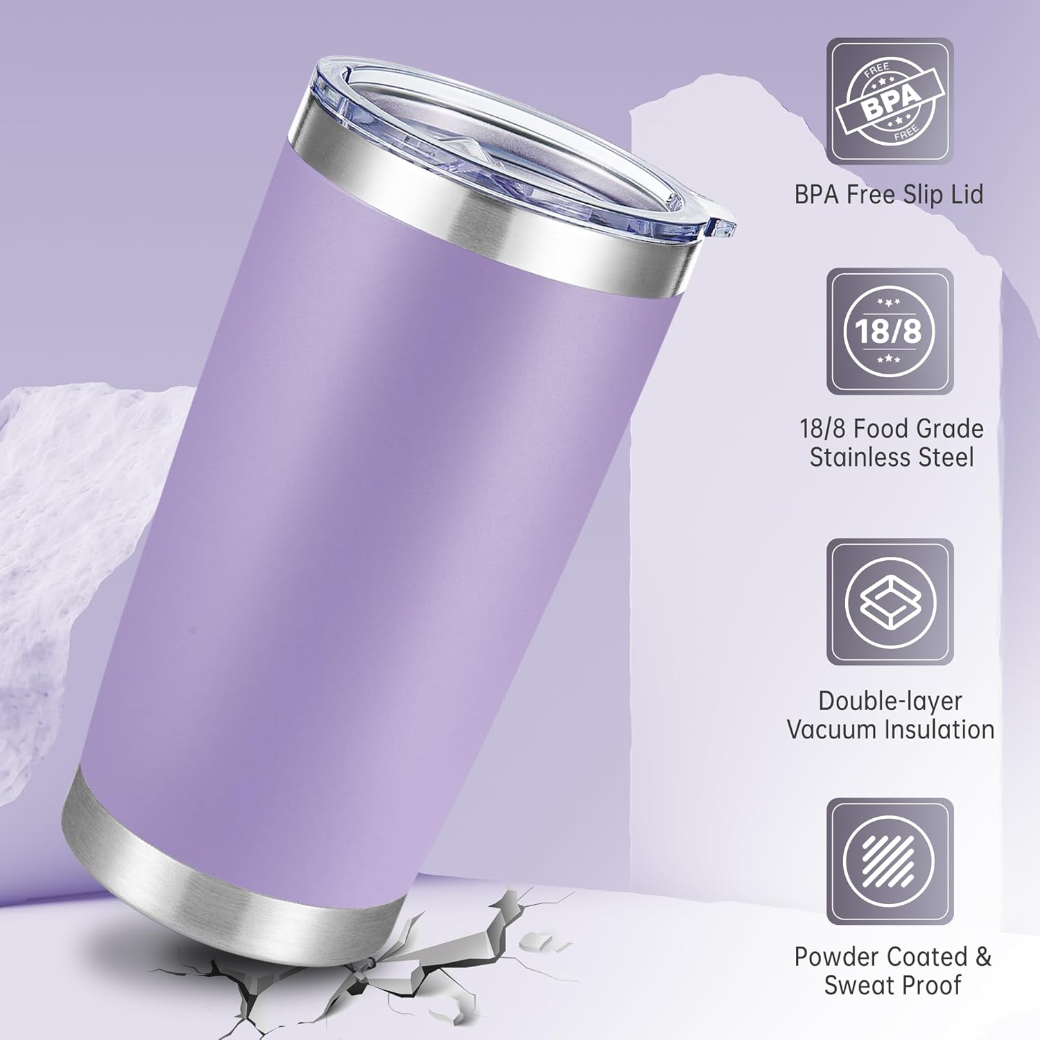 20 oz Tumbler Stainless Steel Tumblers with Lid Double Wall Vacuum Insulated Coffee Mug 20oz Powder Coated Cup for Hot and Cold Drinks, Purple, 1 pack - Image 3