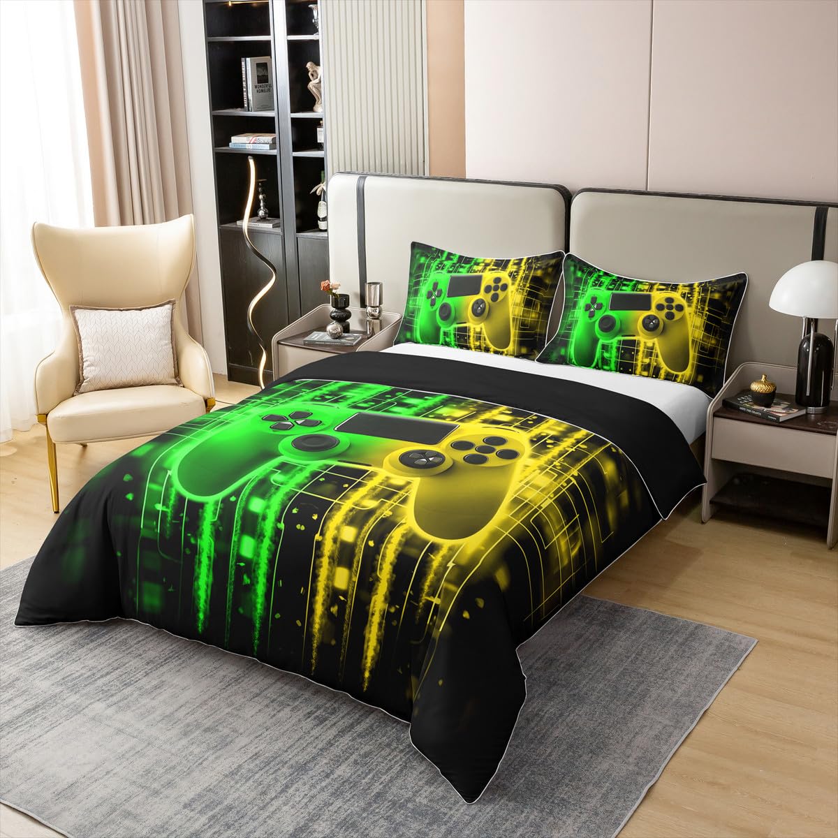 Homewish Funda de edredón para habitación de niños, funda de edredón de gamer, tamaño individual para niños y adolescentes, juego de cama para niños pequeños, decoración de sala de juegos, amarillo y