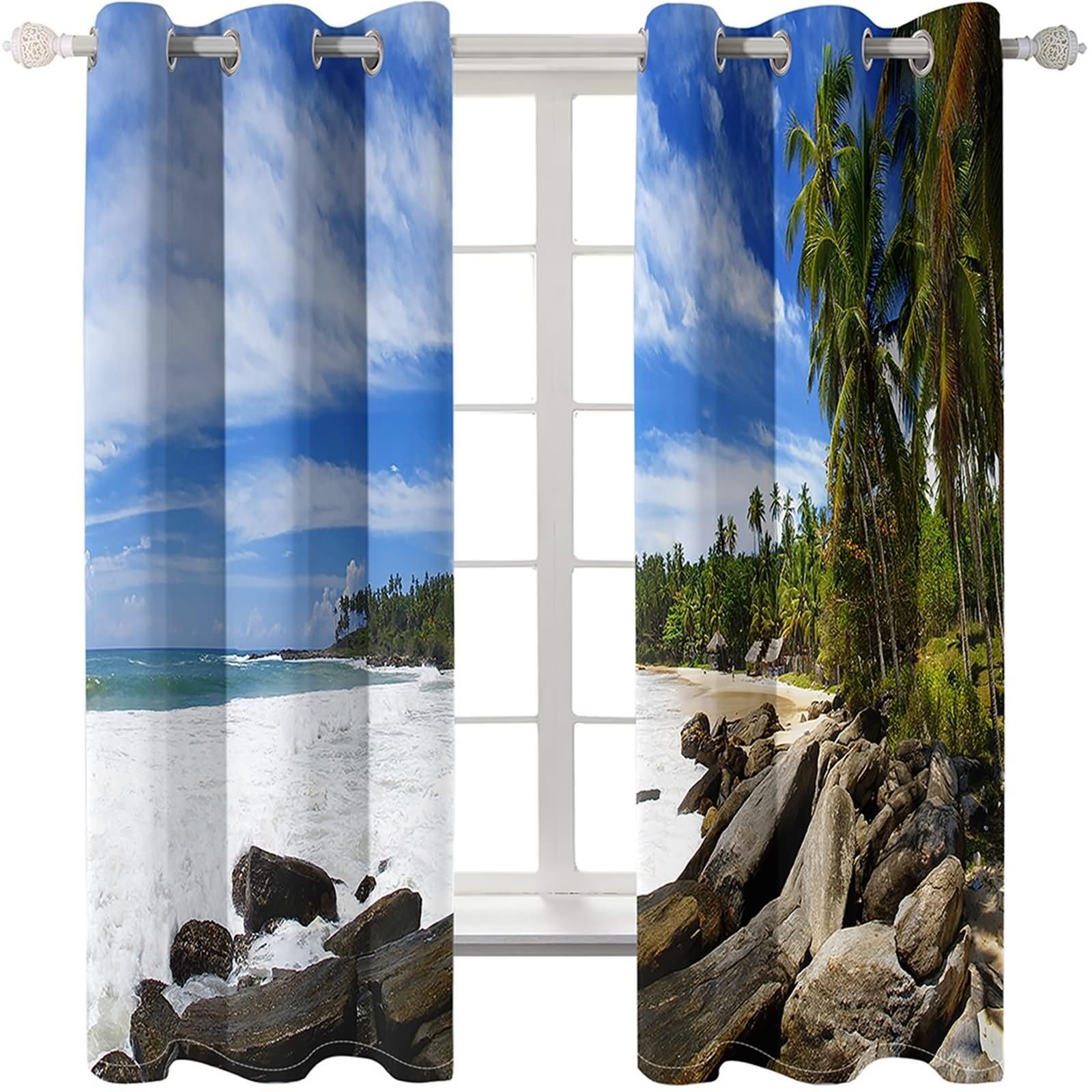 Panele zasłonowe okienne na zewnątrz, zasłony okienne boho niebieski zielony biały niebieski niebo morze i palmy kokosowe poliester 2 panele 213 x 244 cm