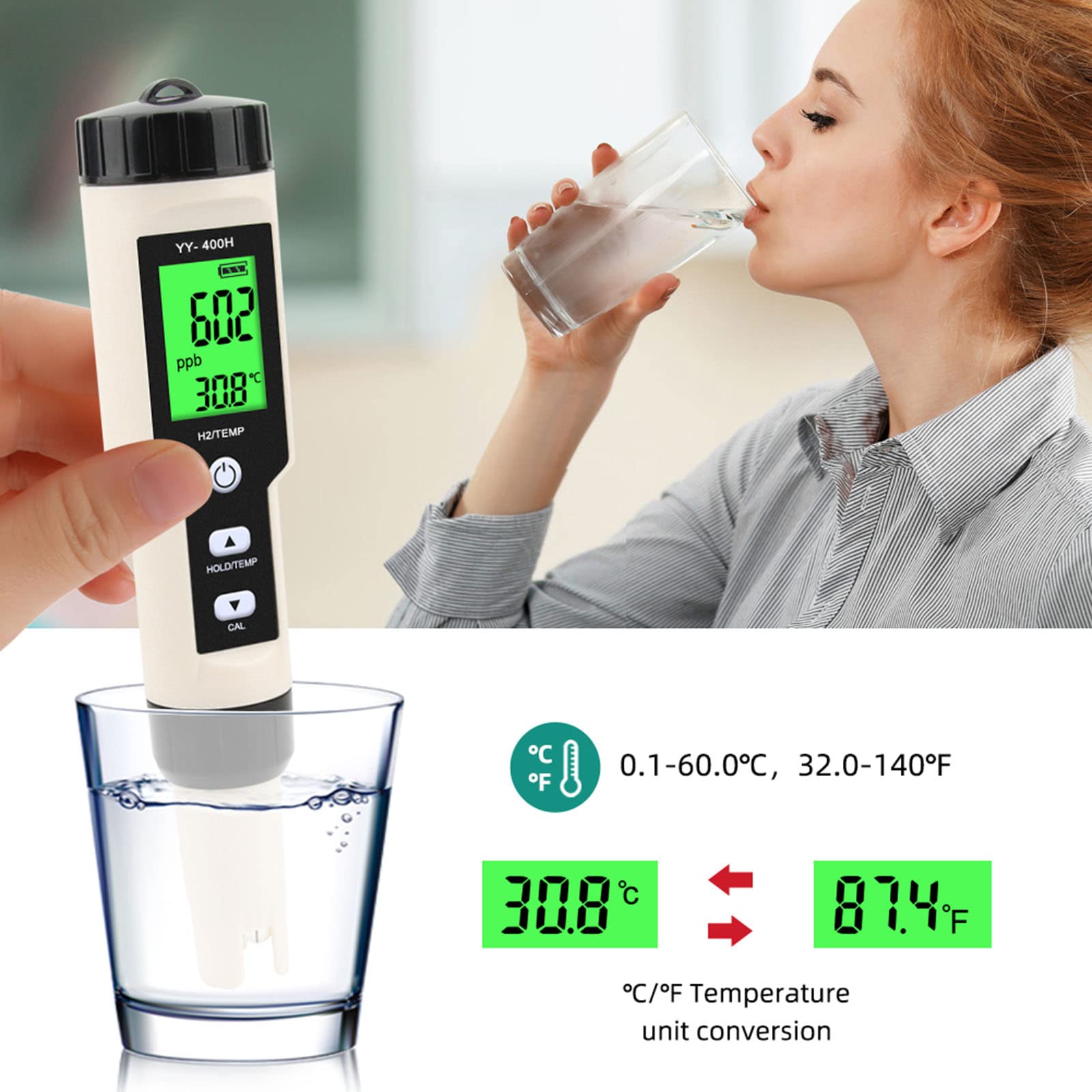 Wasserstoffmessgerät 0-4000 Ppb / 0-4.000 Ppm Wasserstoffgeneratoren Wasserstoffreicher Wassergenerator Datenspeicher Hintergrundbeleuchtung ATC Funktionsmessgerät Wasserstofftester