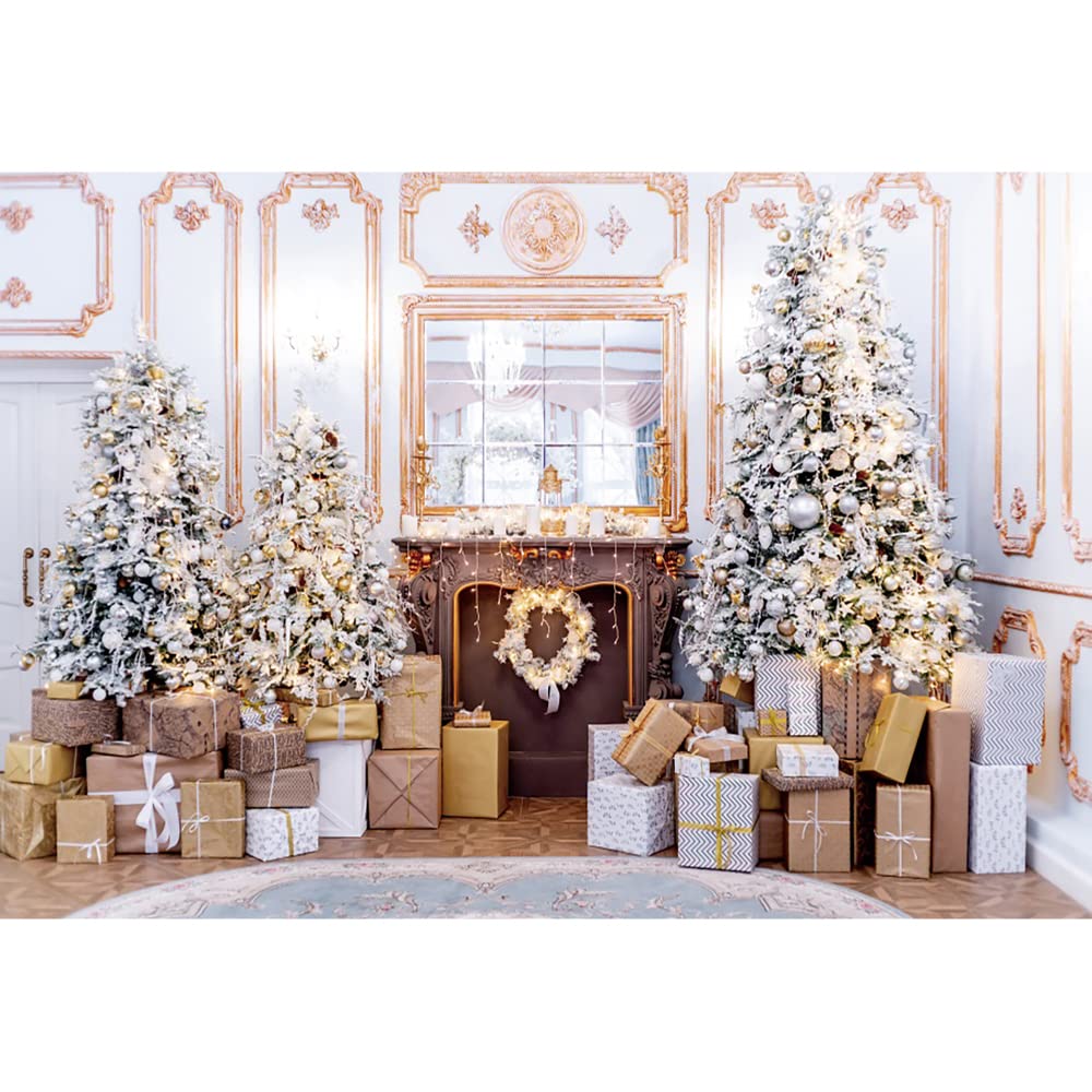 Aoihrraan 3x2,5m Navidad Sala Estar Telón De Fondo Chimenea Árbol Navidad Brillantina Guirnalda Oro Regalos Blanco Retro Muralla Europea Fotografía Familia Niñas Niños Retrato Estudio Fotográfico