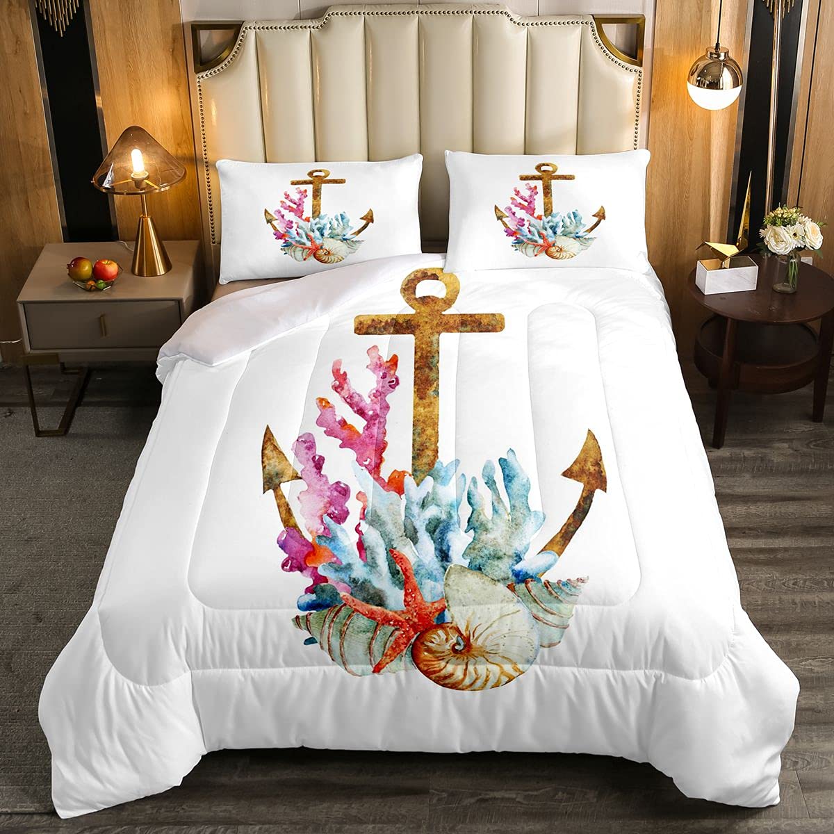 Loussiesd Nautical Soft Duvet Kids Teens Anchor Compass Duvet Insert Ocean Coral Starfish with 1 Pillowcase 2Pcs Bedding Single