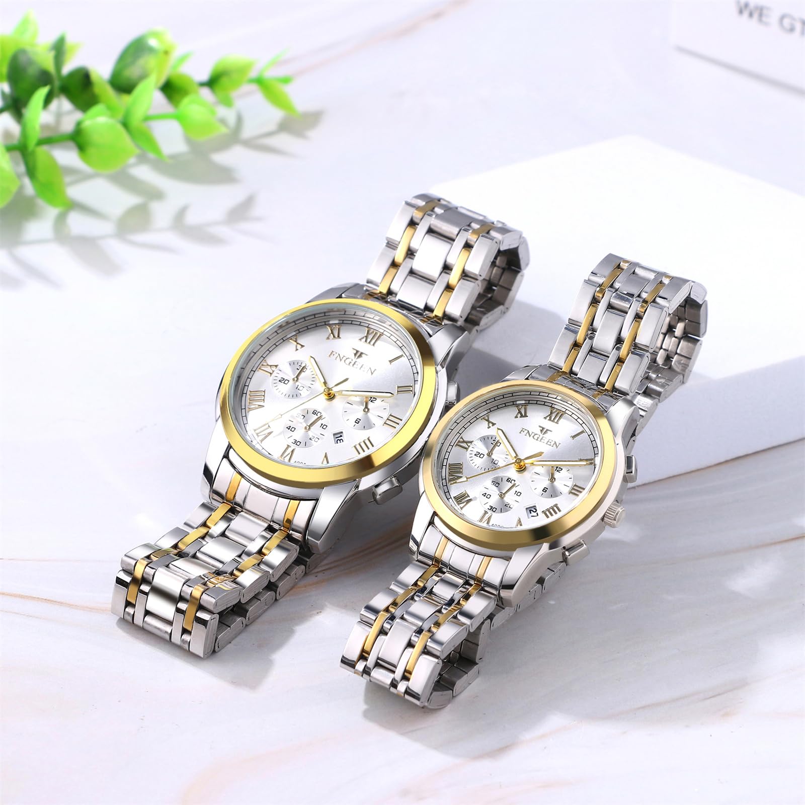 JewelryWe Orologio da Polso da Coppia Impermeabile: da Uomo Donna Cinturino Regolabile in Acciaio Inossidabile con Quadrantini Finti Orologio Numero Romano alla Moda al Lavoro