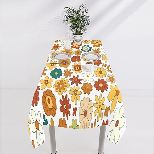 Miniatura 6 de Mantel floral retro de los años 70, diseño bohemio abstracto de flores amarillas naranjas para decoración de mesa de campo, granja, cocina, comedor,
