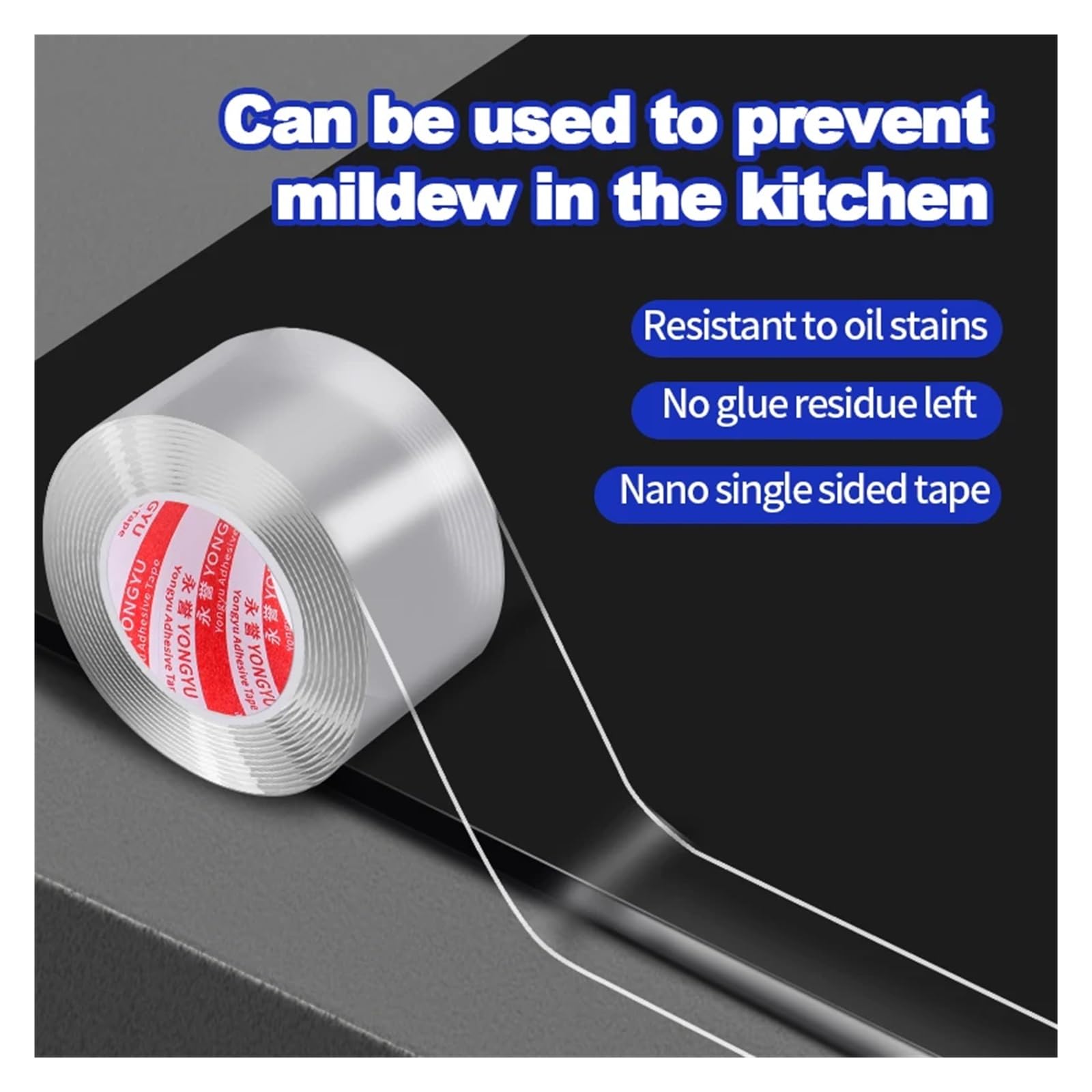 Cinta adhesiva de doble cara para uso intensivo, Single Sided Translucent Nano Tape 10m x 1mm (15-100) mm for Bathroom Kitchen(10M-1MM-80MM)