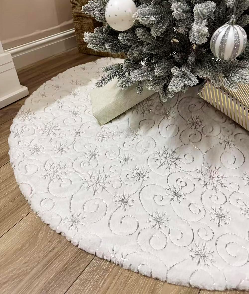 AISENO 60 Inch Sequin Faux Fur Christmas Tree Skirt for Christmas Tree Decorations White Plush Silver Sequin Snowflake Tree Skirt