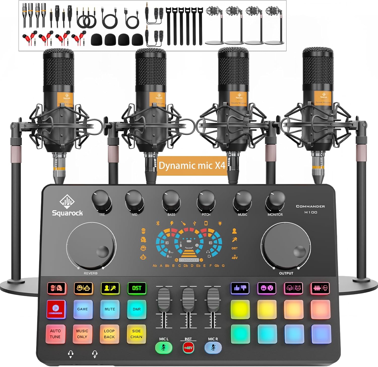 Podcast Equipment Bundle for 4, All-in-One Audio Mixer with Dynamic Micophones Noise Reduction for Live Streaming/Recording/Singing,PC,Smartphone,TikTok M100 3rd