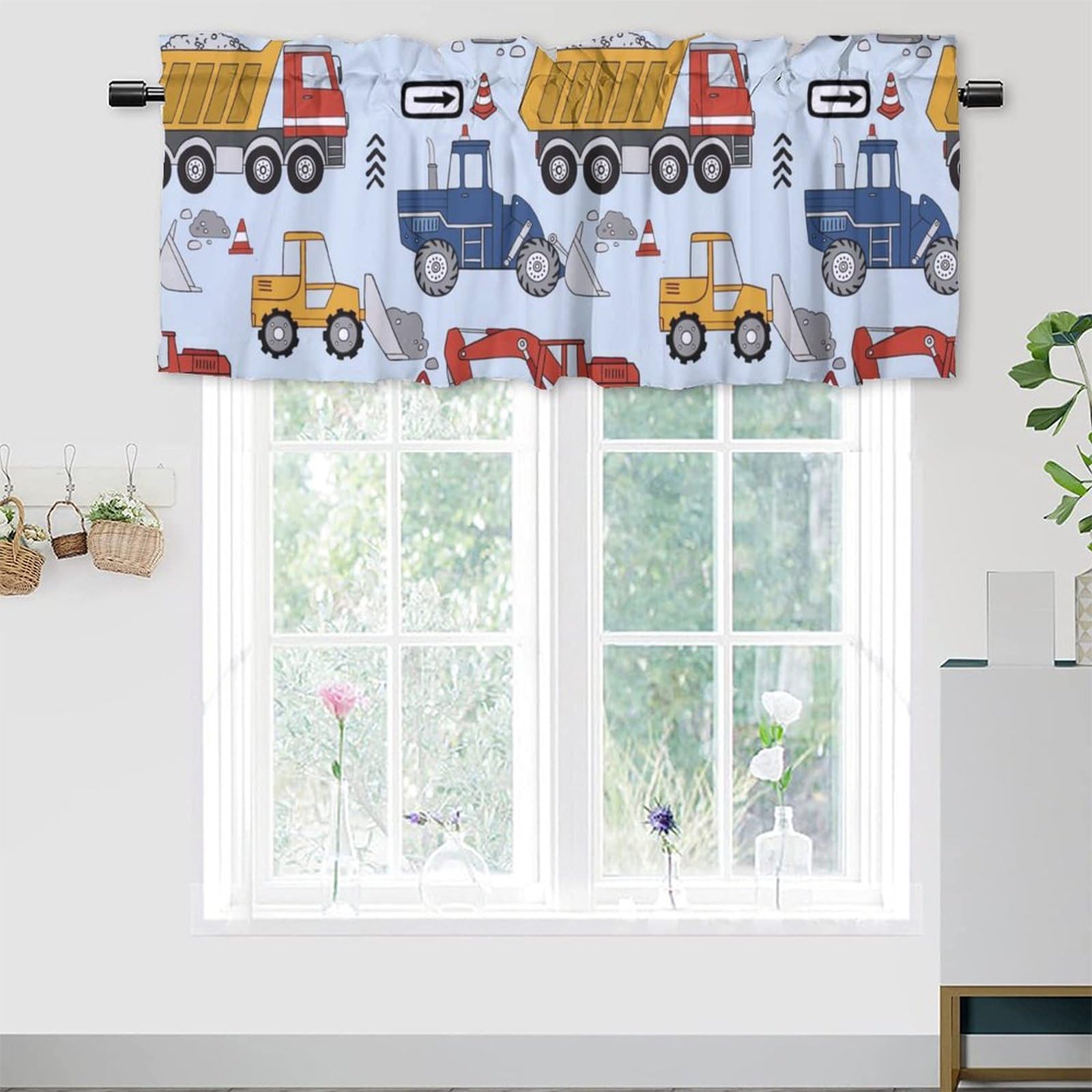 Cartoon Funny Construction Kitchens Valances For Window, Boys Room Decor Colorful Truck Car Excavator Print Rod Pocket Curtain Valance for Bathroom