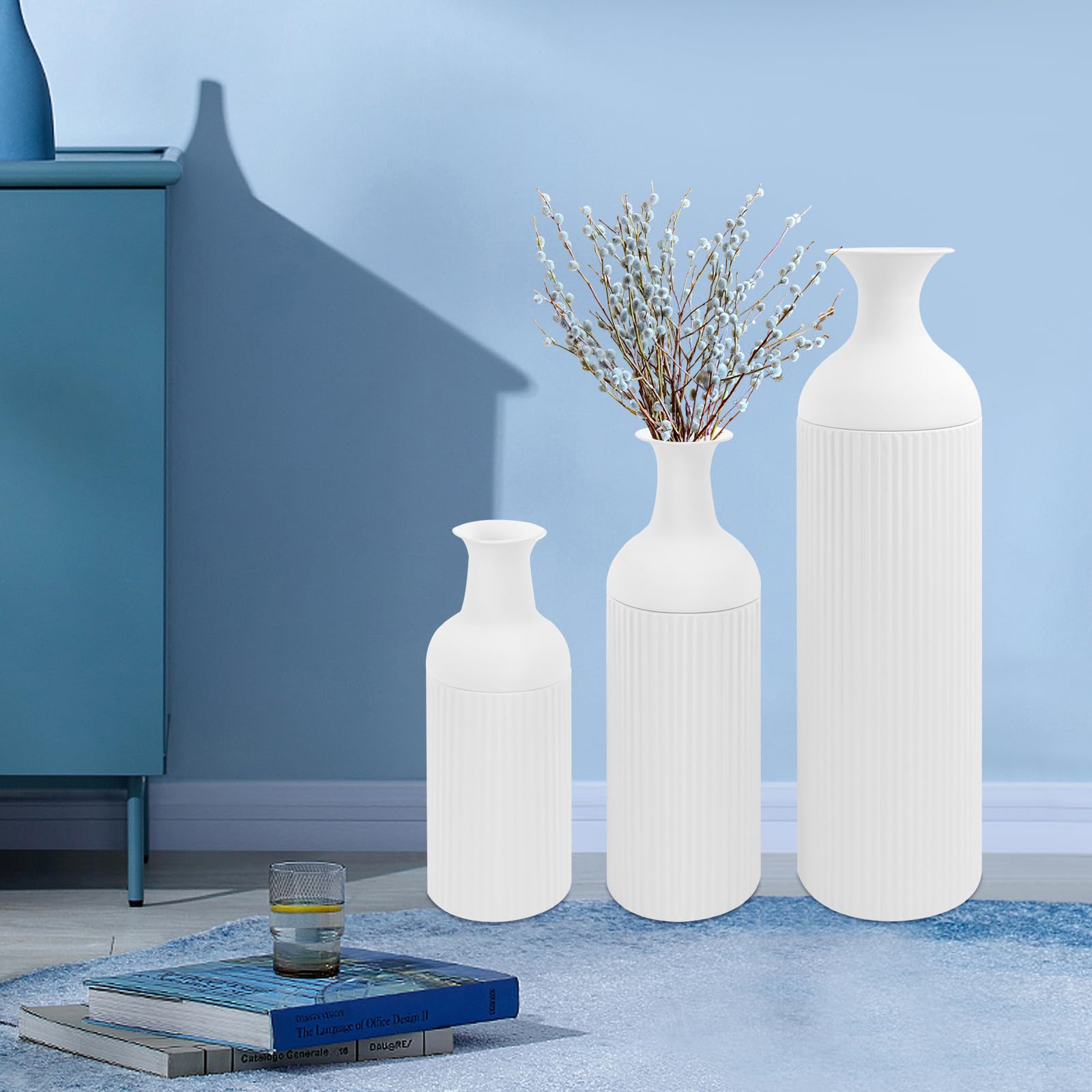 3er-Pack Vasen, Moderne Deko Blumenvase aus Metall, Vasen Set, Zylinder Vase, Tischdeko Outdoor, Vase Deko Landhausstil für Haus/Hochzeitsdeko & Gartenblumen (Weiß)