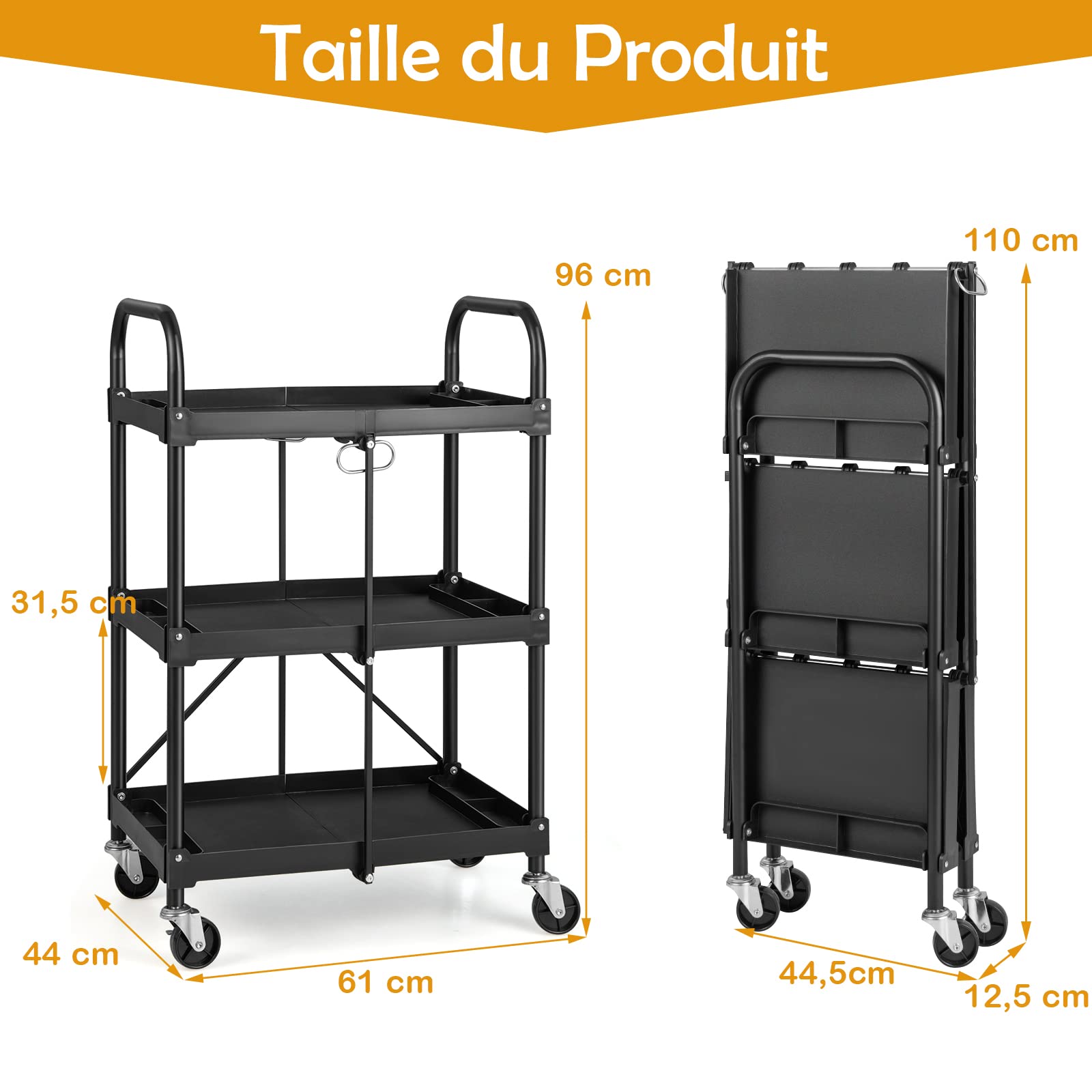 GOPLUS Desserte à roulettes Pliable, Chariot Roulant 3 Niveaux, pour Maison, Bureau et Entrepôt, 61 x 44 x 96 CM