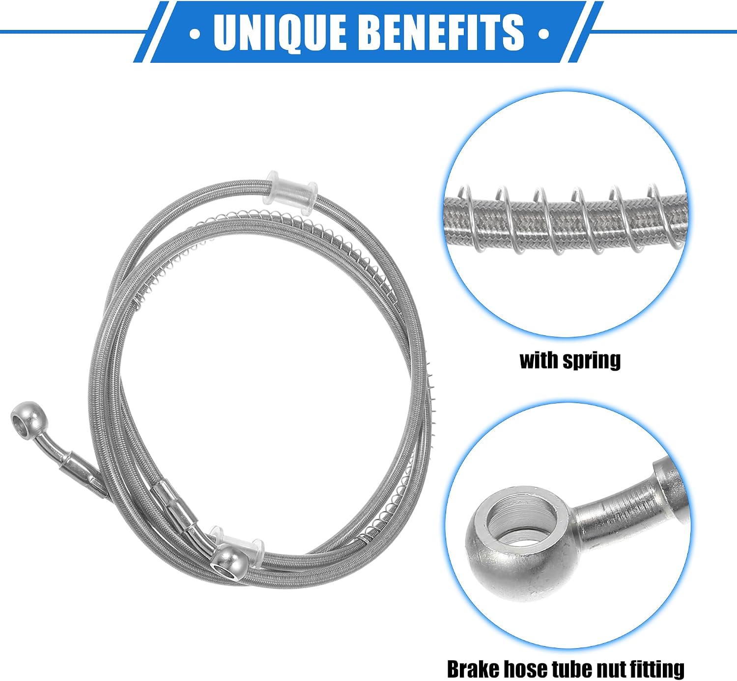 Hydraulic Brake Hose Line Pipeline, 175cm 68.9" 10mm 0.39" Braided Oil Pipe with Tube Nut Universal for Motorcycle ATV Dirt Bike Durable Stainless Steel Silver Tone with Spring