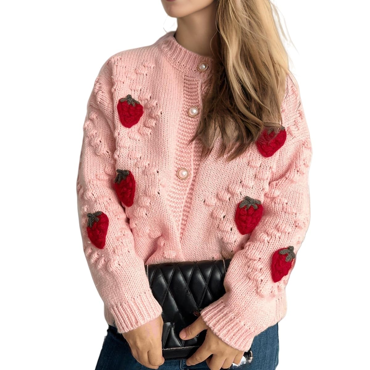 Erdbeer Strickjacke für Damen Gemütlicher Kurzer Grobstrickpullover Süßer Langarm Strickpullover Bequeme Strickmode Leichte Oberbekleidung für Mädchen