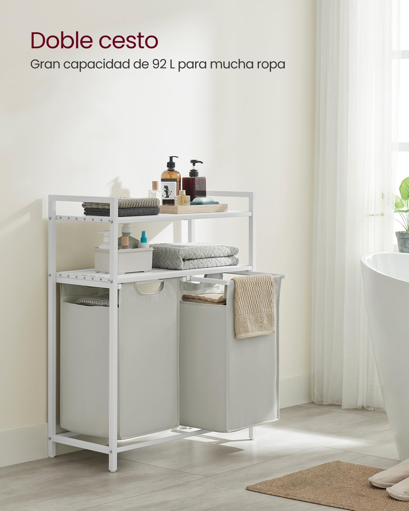 VASAGLE Cesto para Ropa Sucia, Cesta Colada Desmontable con 2 Bolsas Extraíbles, 2 Estantes, 46 L por Bolsa, para Baño, Lavandería, Blanco BLH211W01