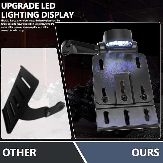 Rear Side License Plate Bracket Holder w/LED Light for Harley Sportster XL883, XL1200, Dyna Low Rider FXDLS, Street Bob FXDB 2004-2020 Black