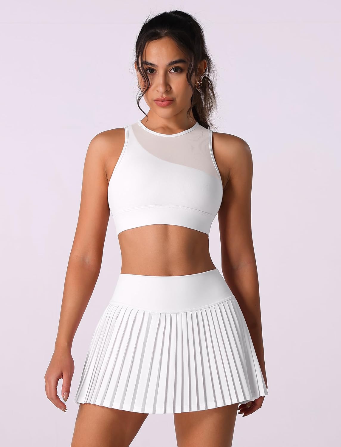 Two Piece Tennis Skirt Sets Outfits Single Shoulder Strap Tulle mesh top with High Waisted Pleated Skirt Sets - Image 2