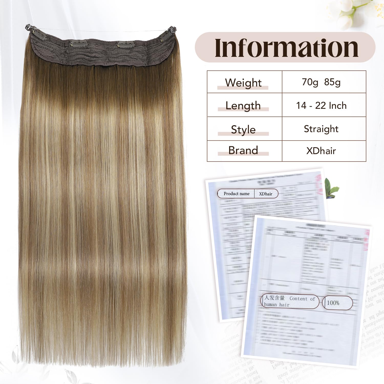 XDhair Wire Hair Extensions Real Human Hair 70g 14 Inch Hairpiece Balayage Walnut Brown to Ash Brown and Blonde Invisible Fish Wire Hair Extensions for Women#3/8/22 14 Inch