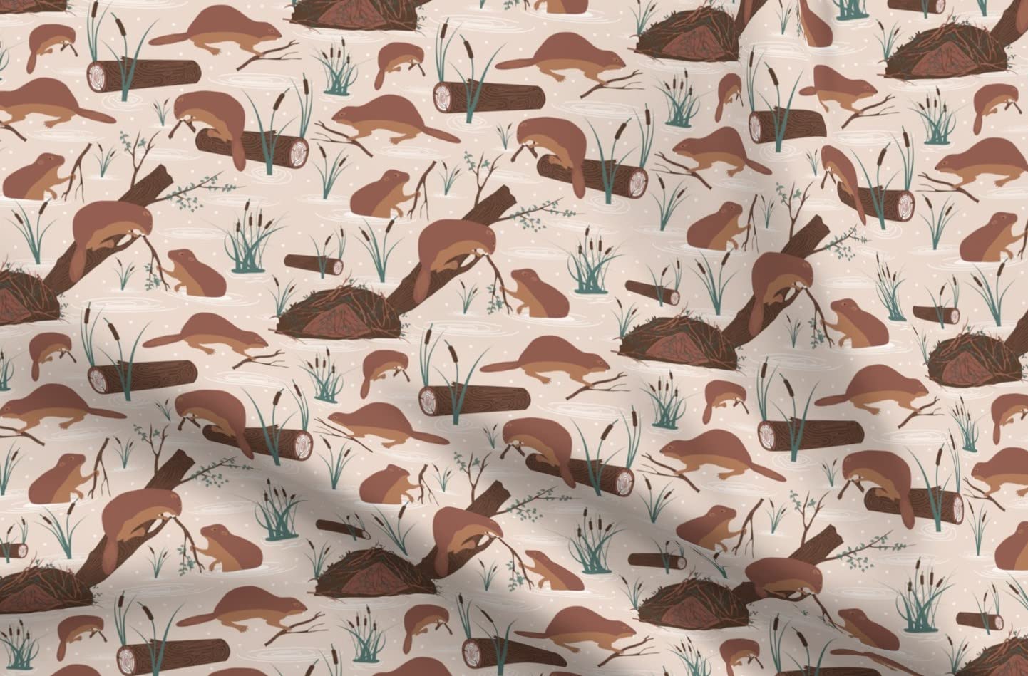SpoonflowerFabric - Animal Family Canada Team Wetland Lodge Beavers Beige Printed on Petal Signature Cotton Fabric Fat Quarter - Sewing Quilting Apparel Crafts Decor