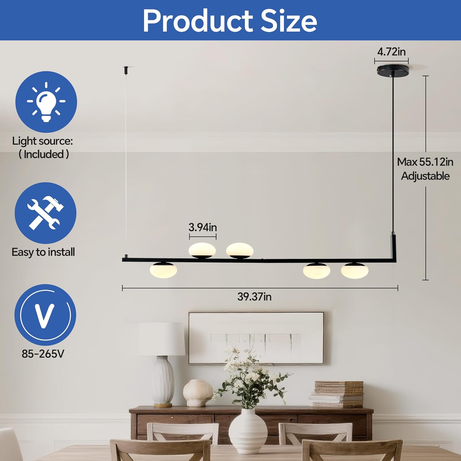 Linear Chandelier, Mid Century Modern Chandelier, 39" Pendant Lights Kitchen Island, 5 Light Black Metal Dining Room Chandelier Over Table Ceiling Light fixtures（Including LED Bulbs