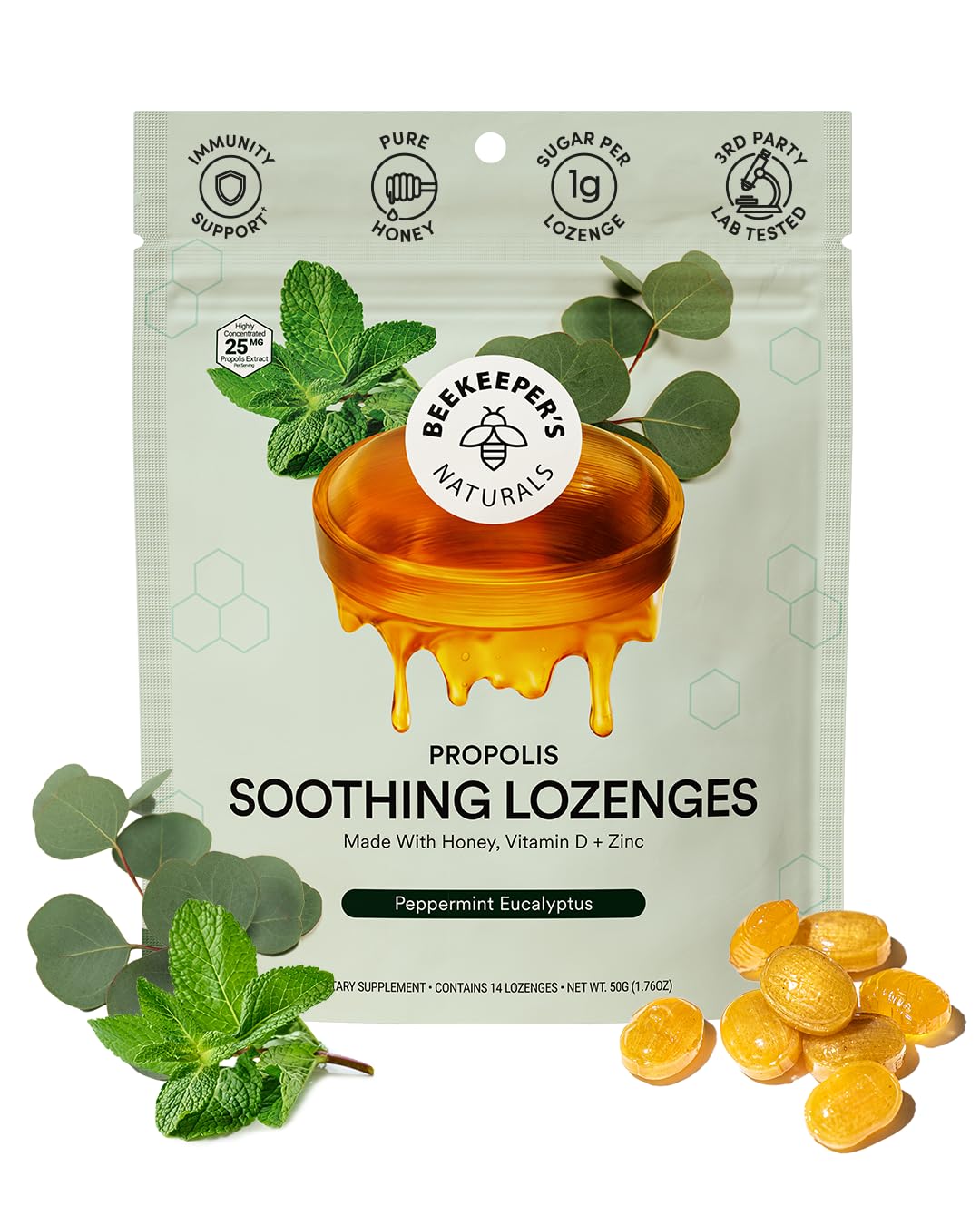 Beekeeper's Naturals Soothing Mint Eucalyptus Cough Drops, Immune Support with Vitamin D, Zinc and Propolis, Cooling & Throat Soothing Lozenges, 14 Ct