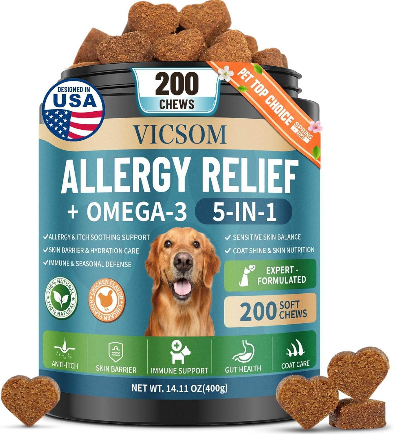 Dog Allergy Chews Omega 3 is Human, Dog Allergy Relief Itch Relief, 200 Chews Anti-Itch for Dogs Itchy Skin, Ear & Paw Licking, Allergy Relief Chews with Probiotics Fish Oil for Gut, Immune & Coat