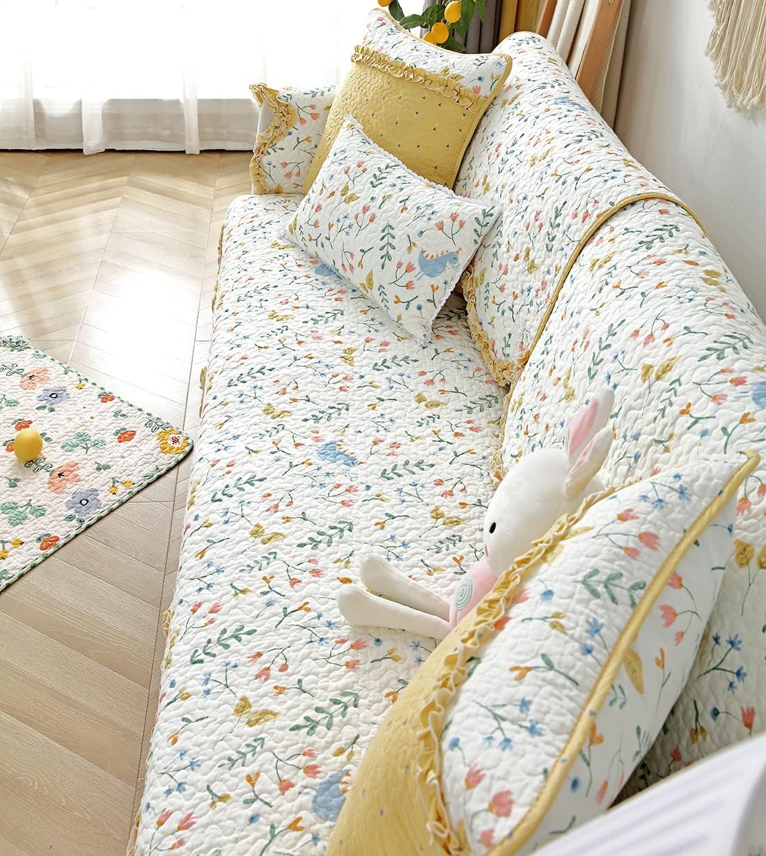 vctops Country Style Ruffle Print Sofa Couch Cover Scalloped Edge Non Slip Sectional Couch Cover Super Soft Cotton Sofa Slipcover Furniture Protector for Living Room (Yellow,36"x36")