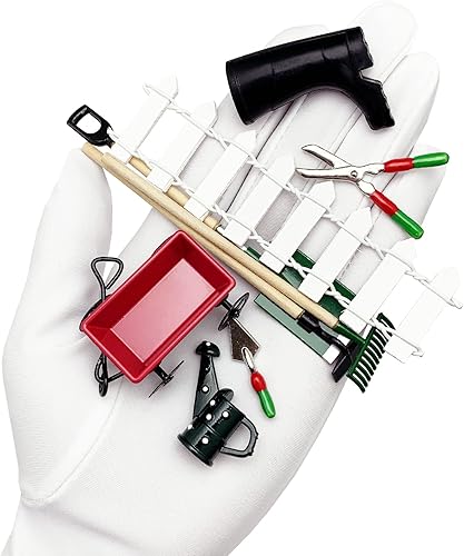 Miniatura 2 de Herramientas de cultivo de jardín de hadas en miniatura, 9 paquetes 1:12 Mini rastrillo de mano de metal con pala de metal, hervidor, valla de