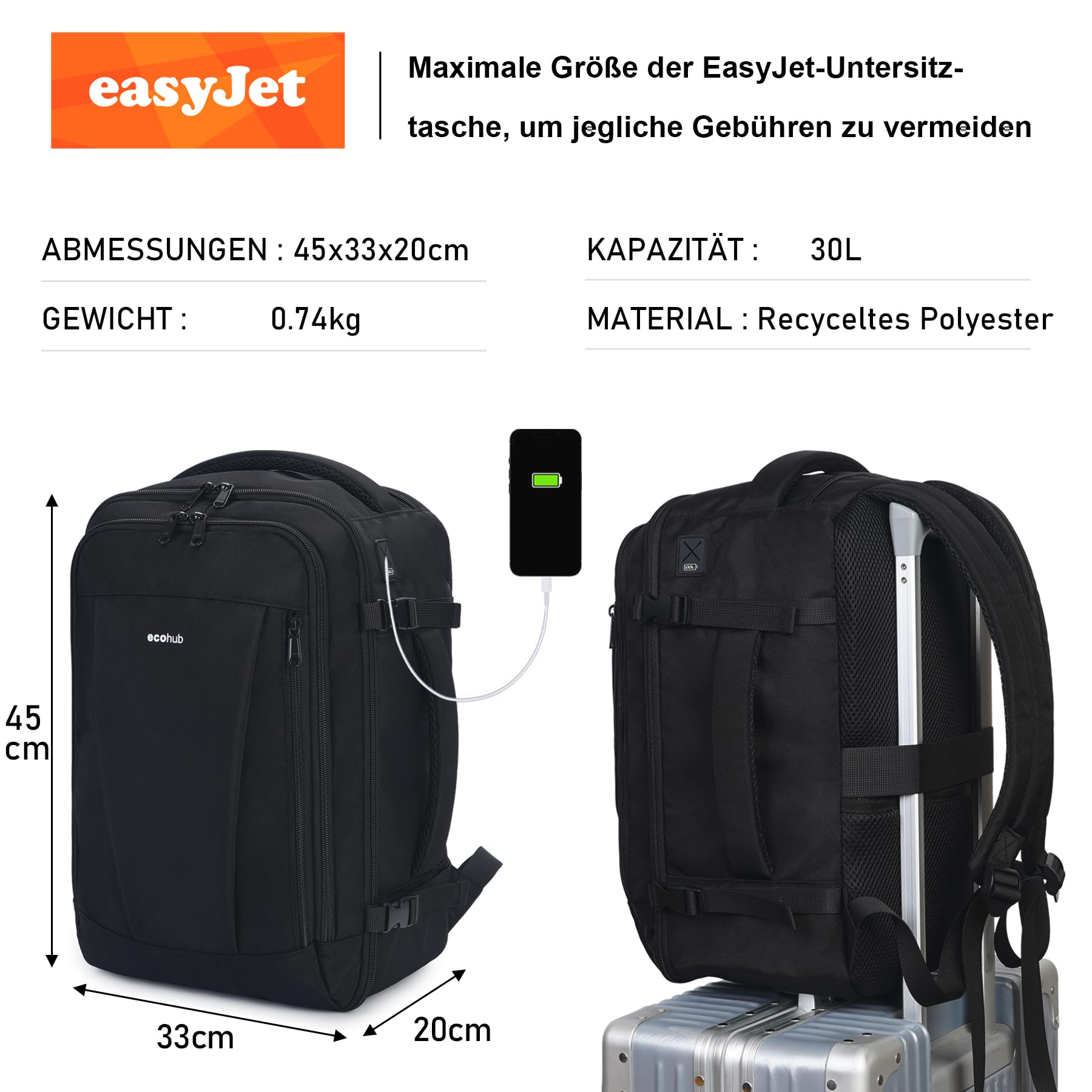 ECOHUB 30L Zaino Bagaglio a Mano, Zaino Easyjet 45x36x20, Sottosedil Zaino da Viaggio Aereo con 13 Tasche, PET Riciclato Grande Borsa da Cabina da Cabina per Uomo Donna, Brevettato(Nero)