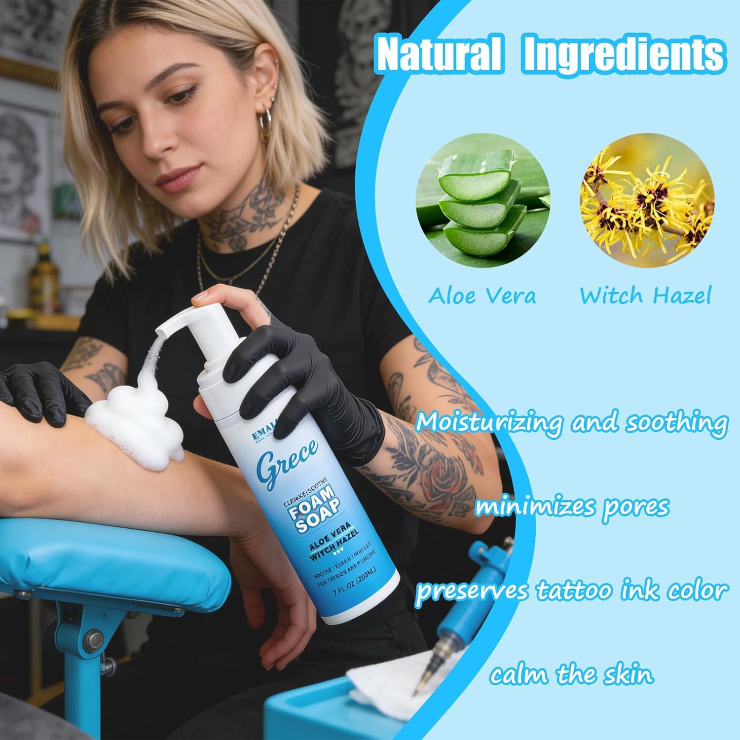 Schiuma detergente per tatuaggi, 200 ml, schiuma detergente delicata per nuovi tatuaggi, lenitivo e idratante, per la cura del tatuaggio, fresca