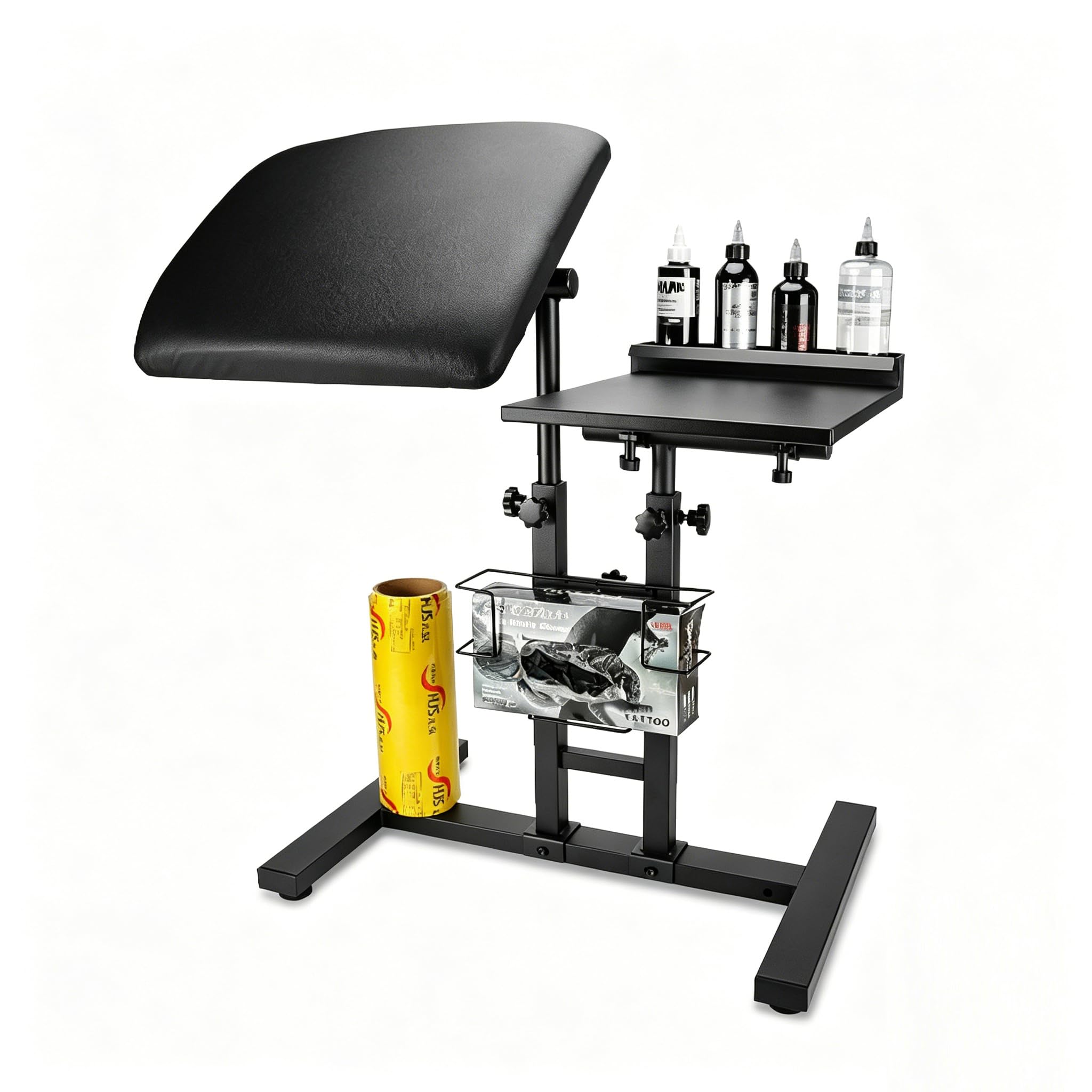 Reposabrazos XL 2 en 1 para tatuajes, banco de trabajo para tatuajes, estación de trabajo para tinta, máquina, guantes, película adhesiva y otros estantes de almacenamiento