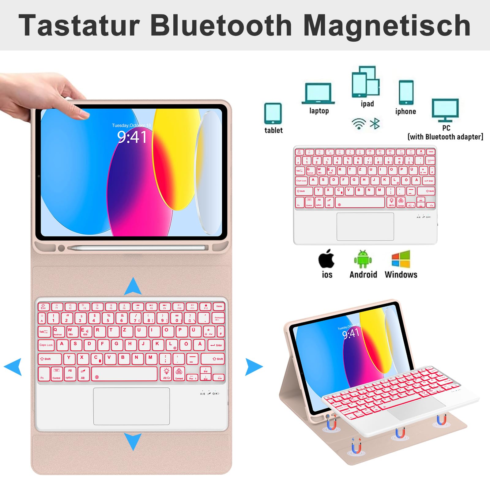 WINCHKING Toetsenbordhoes – Voor IPad A16 11e Gen (2025) & IPad 10e Gen (2022), 7 Kleuren Achtergrondverlichting, QWERTZ, Touchpad, Afneembaar