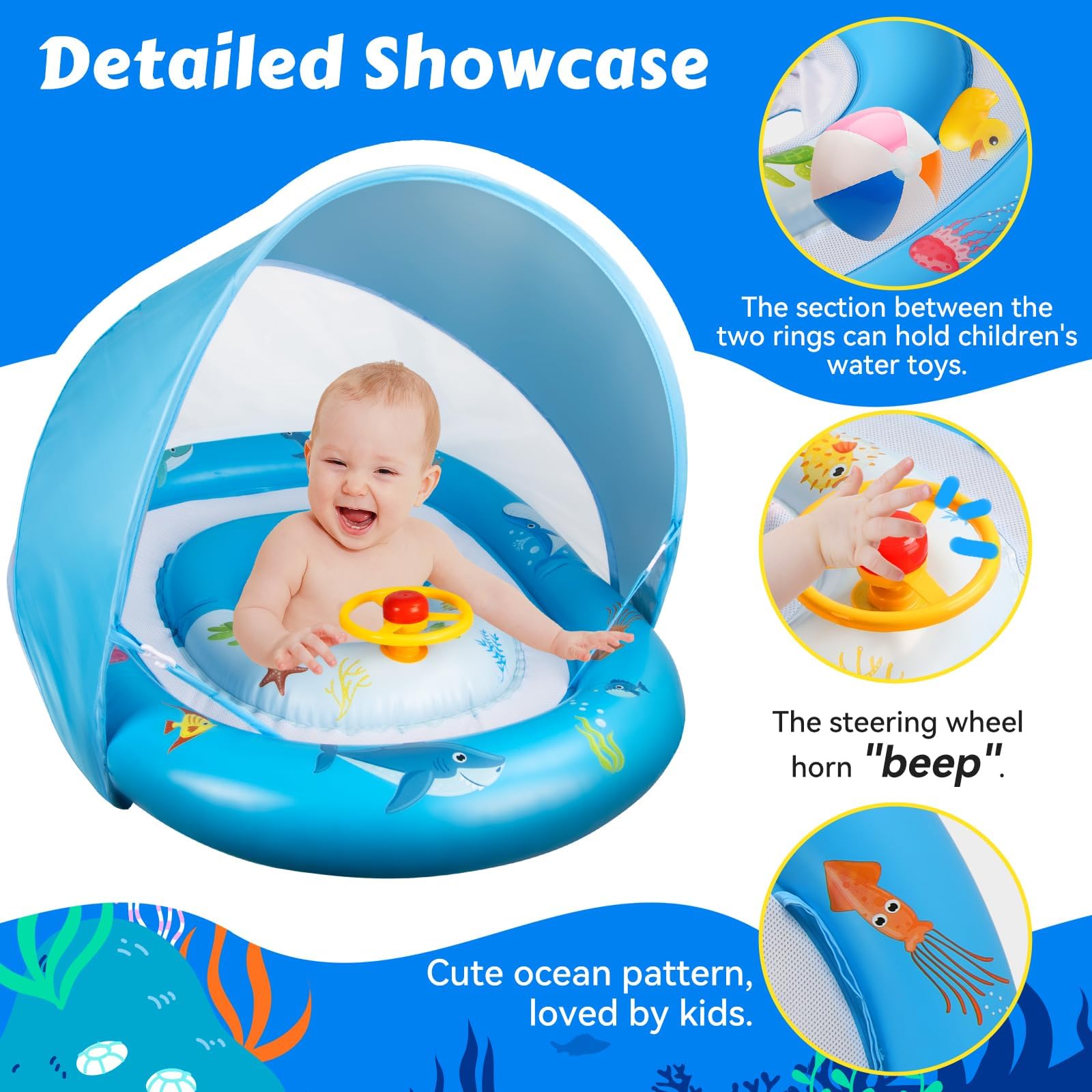 Schwimmring Baby (6-36 Monate, Max. 20 kg) – Doppelkreis-Design mit UPF50+ Sonnendach & Spielzeug-Hupe – Verstellbarer Sicherheitssitz, doppelte Luftkammern – Ideale Schwimmhilfe für Kleinkinder
