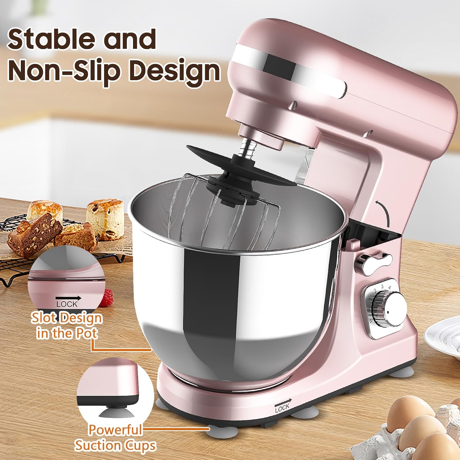 ADVWIN Stand Mixer with stable and non-slip design, showing slot design in the pot and powerful suction cups