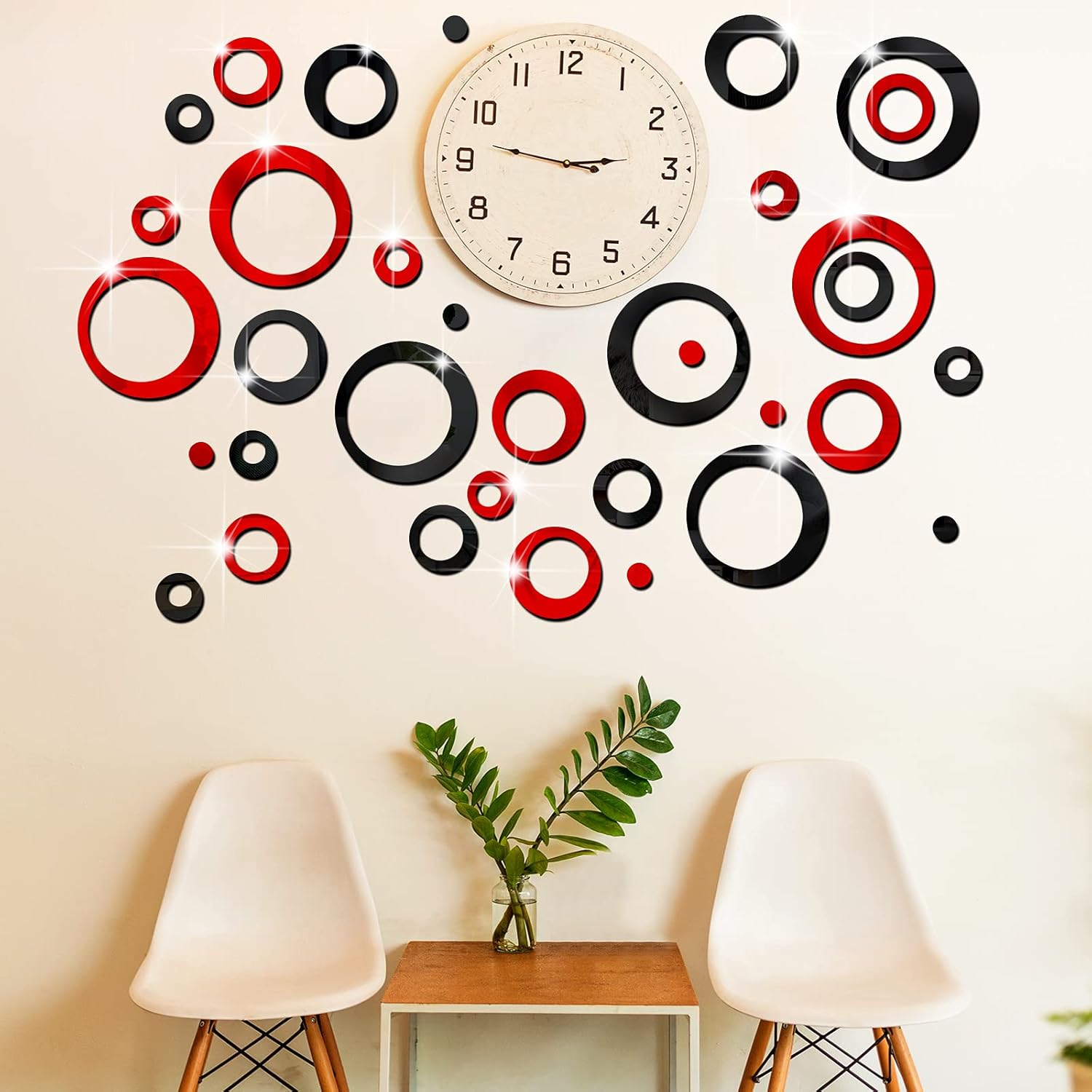 Outus 72 Piece Acrylic Circle Mirror Removable Round Dots Mirror Wall Decals Murals for Home Living Room Bedroom Decor (Red, Black)