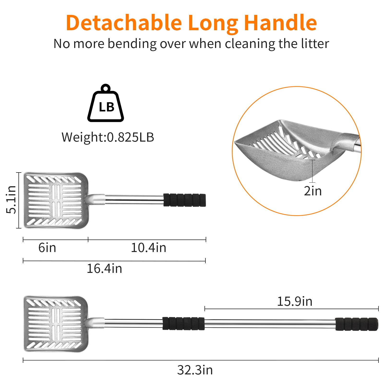 Yangbaga Metal Cat Litter Scoop with Deep Shovel&Long Handle,Detachable Stainless Steel Non-Stick Sifter with Foam Padded Grip, No Bending Back Heavy Duty Cat Litter Scooper - image 2