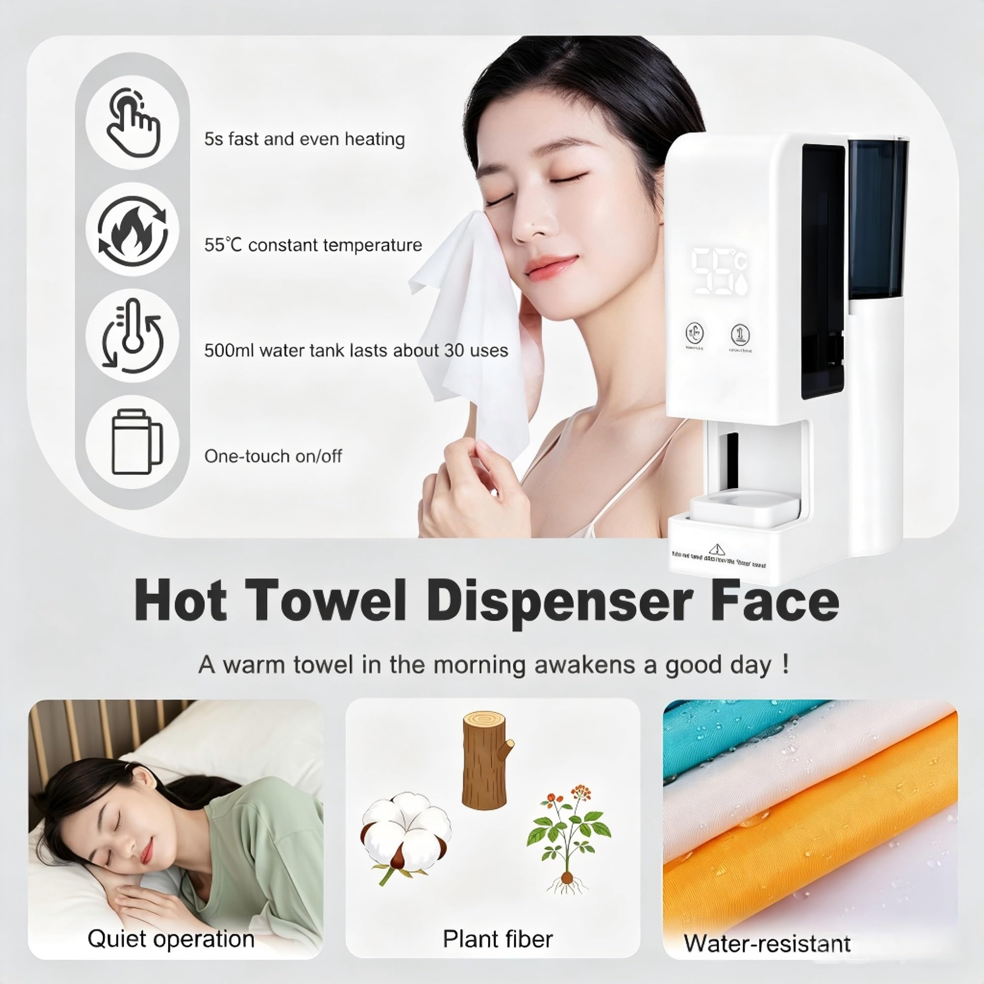 Calentador de toallas calientes con calentamiento rápido, tanque de agua de 500 ml, montaje en pared o calentador de spa para uso facial y baño, incluye 40 toallas comprimidas