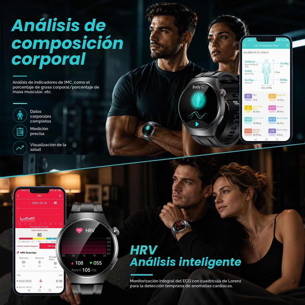 Reloj Inteligente Hombre Smartwatch con ECG+HRV:1.43'' AMOLED Smart Watch con Bluetooth Llamadas 24H Pulsómetro Temperatura Reloj Corporal Arterial Sueño con Presión Reloj Deportivo para IOS Android