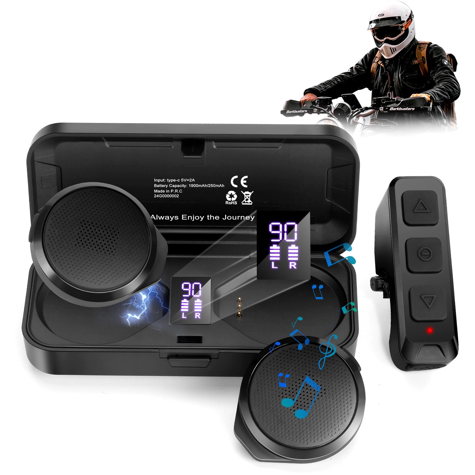 Motorcycle Helmet Headset with Remote Control - No Installation True Wireless Helmet Speakers with Charging Box