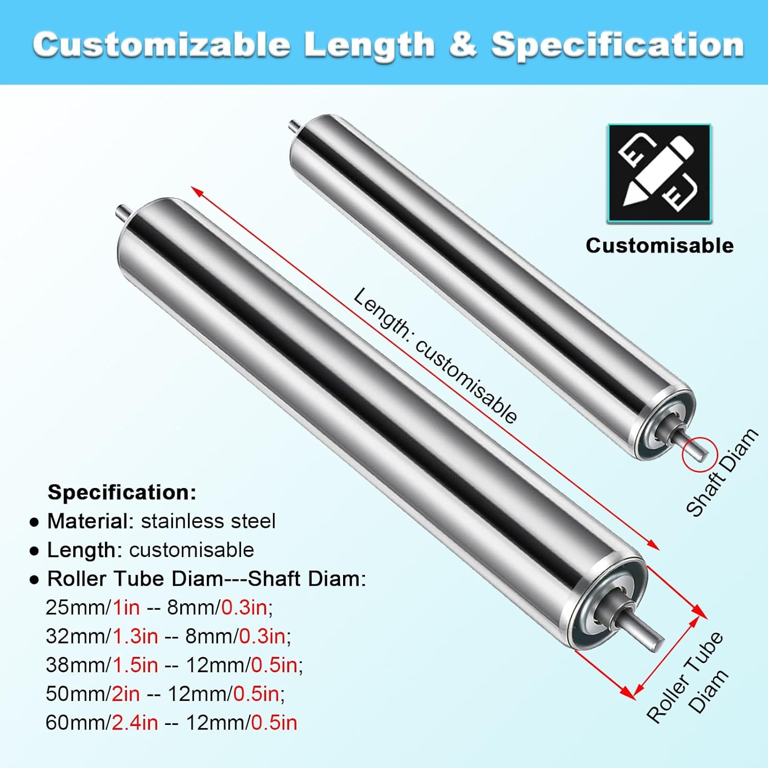 2 Pcs Galvanized Steel Conveyor Rollers for Canoe Support, 1/1.3/1.5/2/2.4" Diameter, 35.4" Length, Durable Transmiss Replacement Parts for Boats (Pack of 2)