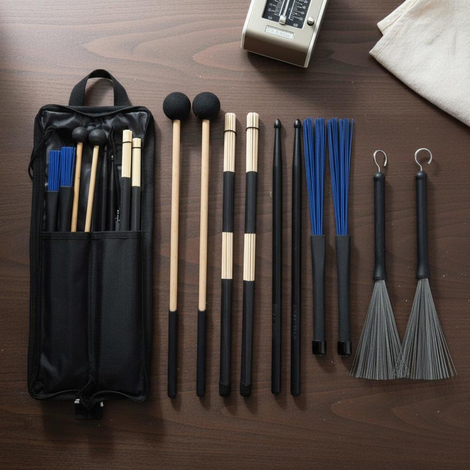 Drumsticks Bacchette Batteria Set Completo Bacchette Spazzole Mazze Bastoncini Accessori Percussioni Suoni Diversi con Borsa Organizzazione Adatto per Prove Band Concerto Scuola Musica