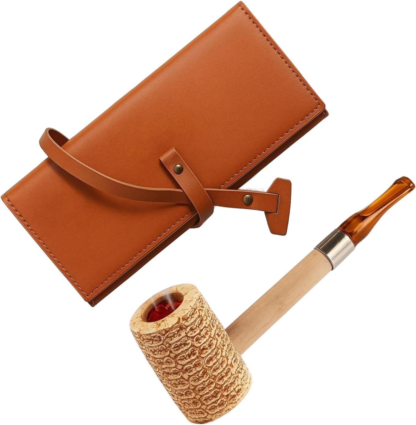 Corn Cob Tobacco Pipe & Leather Pipe Pouch BUNDLE – Rustic Smoking Set for Men, Classic Corncob Pipe with Brown Faux Leather Case, Gift for Pipe Lovers & Beginners