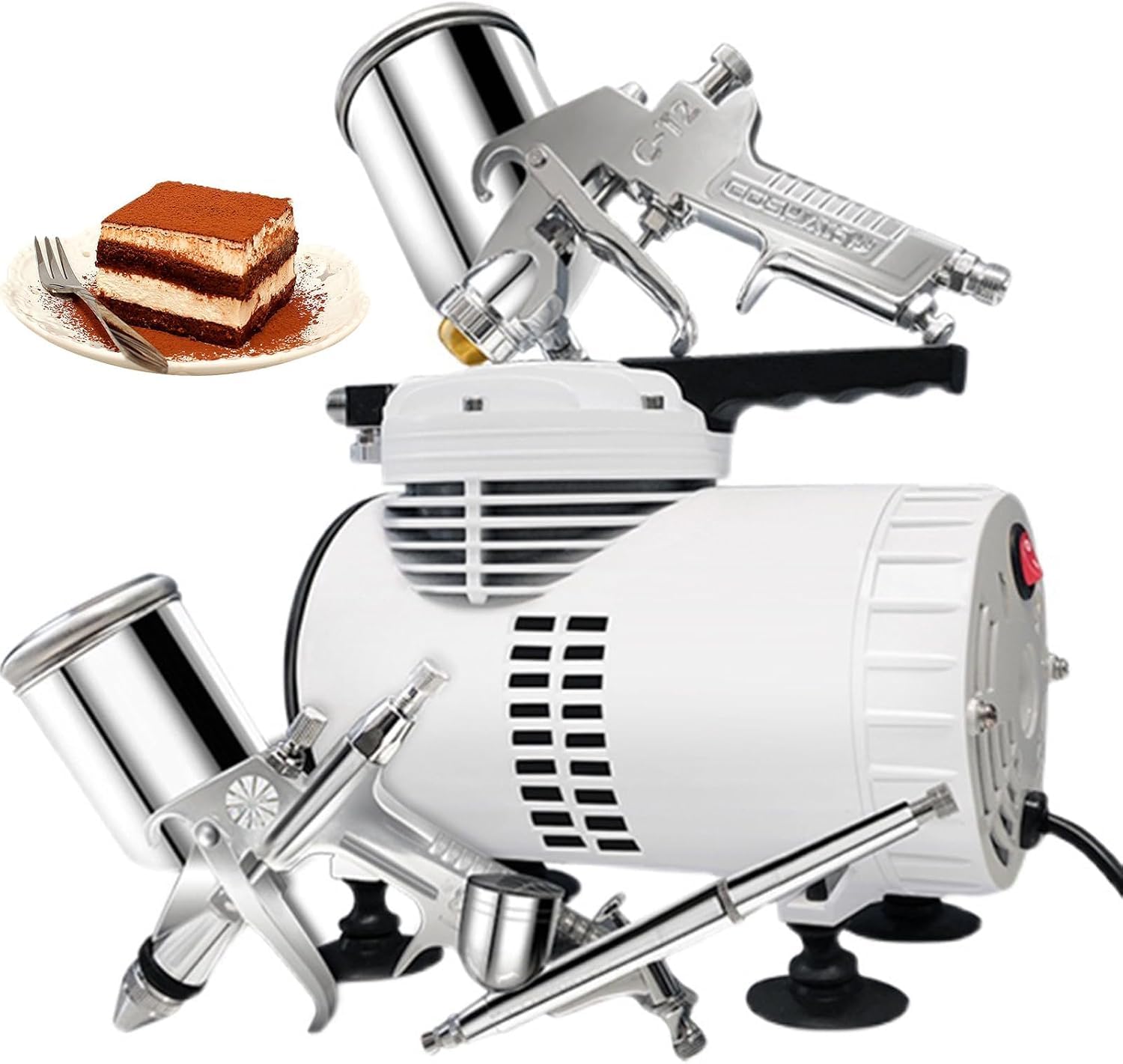Kit de aerografía para pasteles de acero inoxidable de 220 V con 3 pistolas, compresor de doble ventilador de 70 l/min para decoración de postres, arte de uñ, coloración de maquetas,