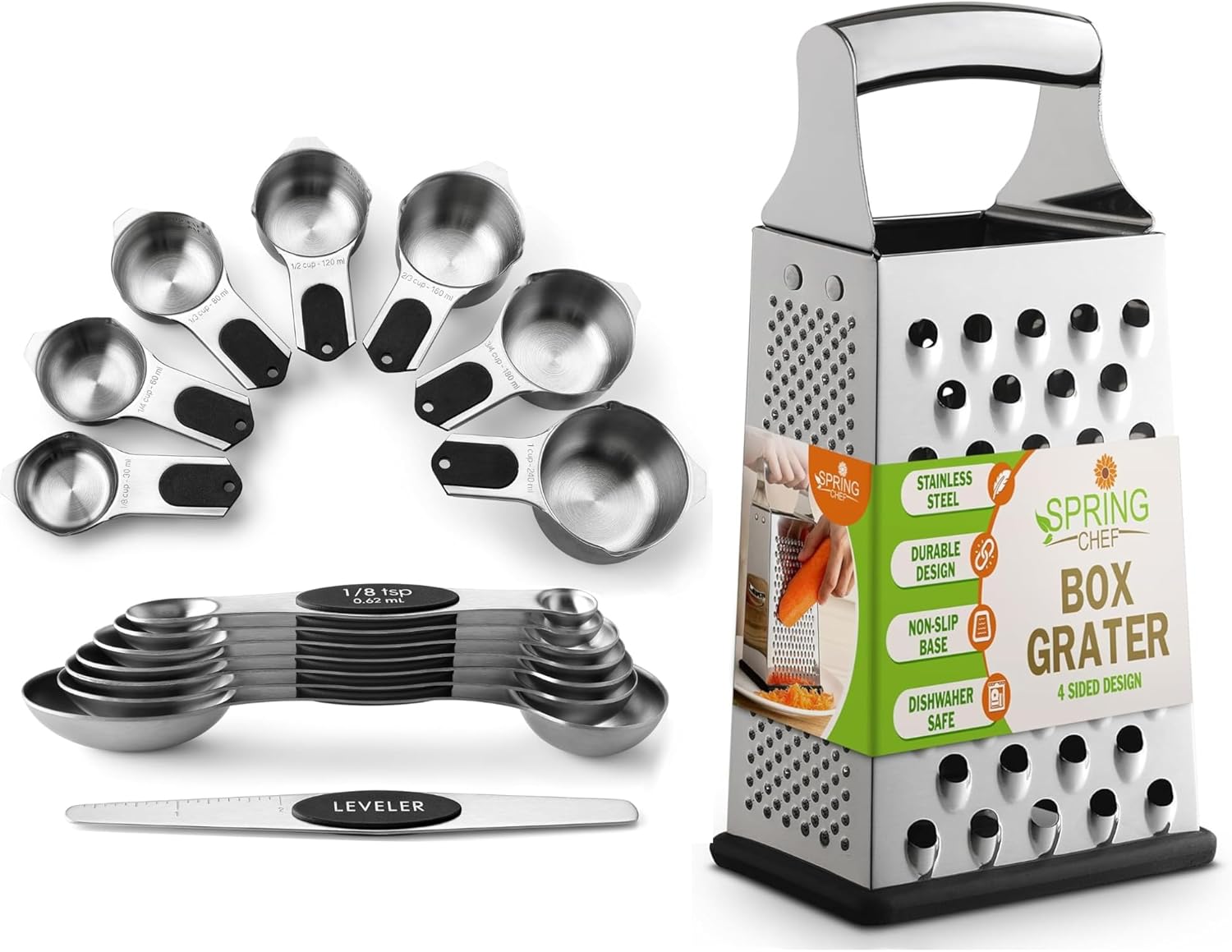 Spring Chef Magnetic Measuring Cups & Spoons Set of 15 with Leveler, Black & Stainless Steel Large Box Grater with Handle - 2 Product Bundle