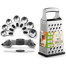 Spring Chef Magnetic Measuring Cups & Spoons Set of 15 with Leveler, Black & Stainless Steel Large Box Grater with Handle - 2 Product Bundle