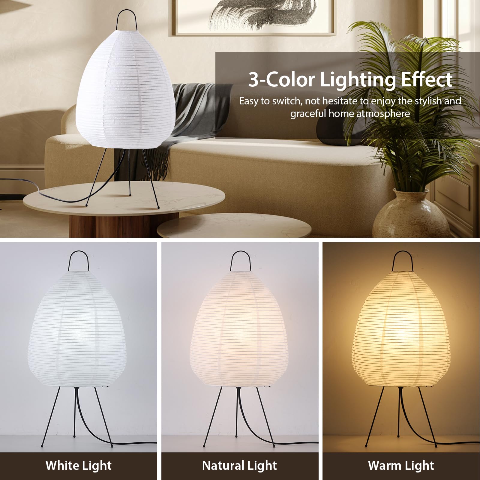 Paper Lamp, Akari Noguchi Lamp, Rice Paper Lampshade for Bedside or Desk, Japanese Lantern Decor with Warm and Cozy Ambiance for Any Room
