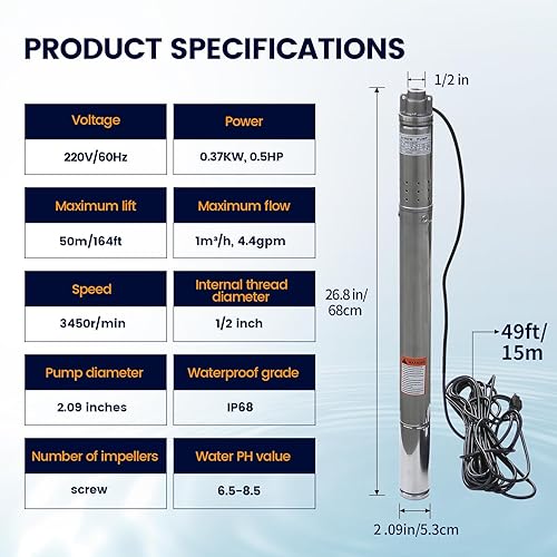 Miniatura 2 de Doppy Bomba sumergible de pozo profundo, 0.5 HP220 V60 Hz, cabeza de 164 pies4.4 gpm, con bomba de agua de acero inoxidable de cable eléctrico de 49